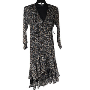 Express Womens Dress Black Gold Flecks Tiered Long Sleeve Wrap V Neck Size S